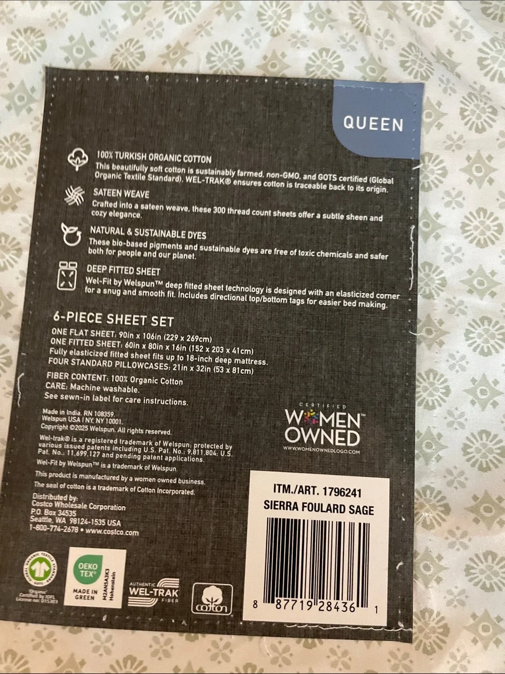 Queen Sheet Set - Sage Pattern- Organic Cotton